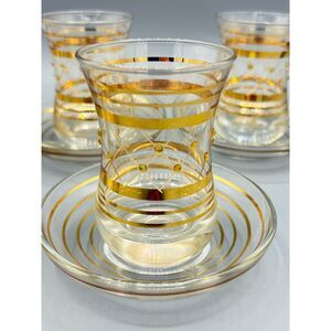 Set of 5 Vintage Turkish Coffee Espresso Tea Glasses with Saucers Gold 60s